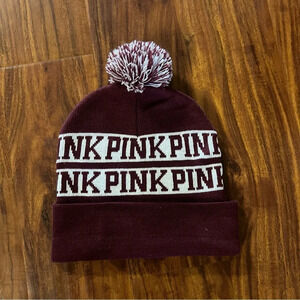 PINK Victoria’s Secret Beanie Pom Pom Hat Burgundy Knit One Size
